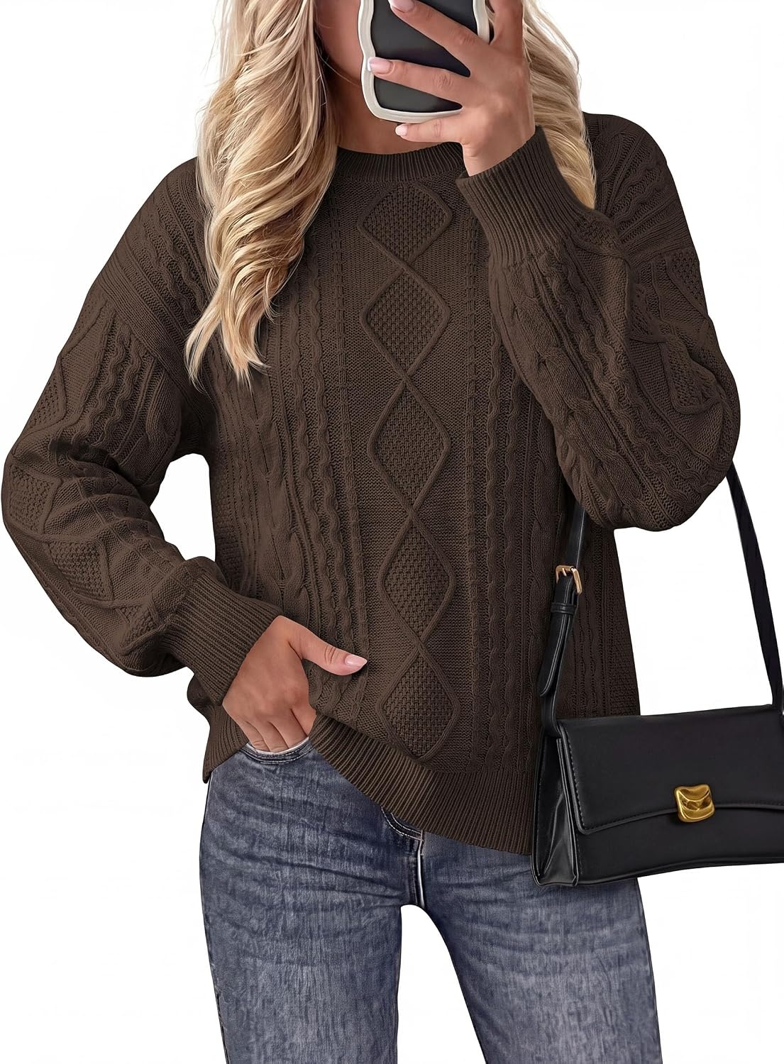 image:imagePRETTYGARDEN Womens Cable Knit Sweater Crewneck PulloverCoffee