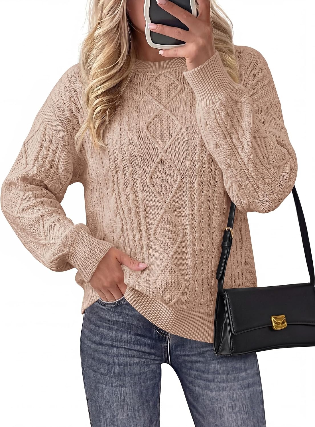 image:imagePRETTYGARDEN Womens Cable Knit Sweater Crewneck PulloverKhaki