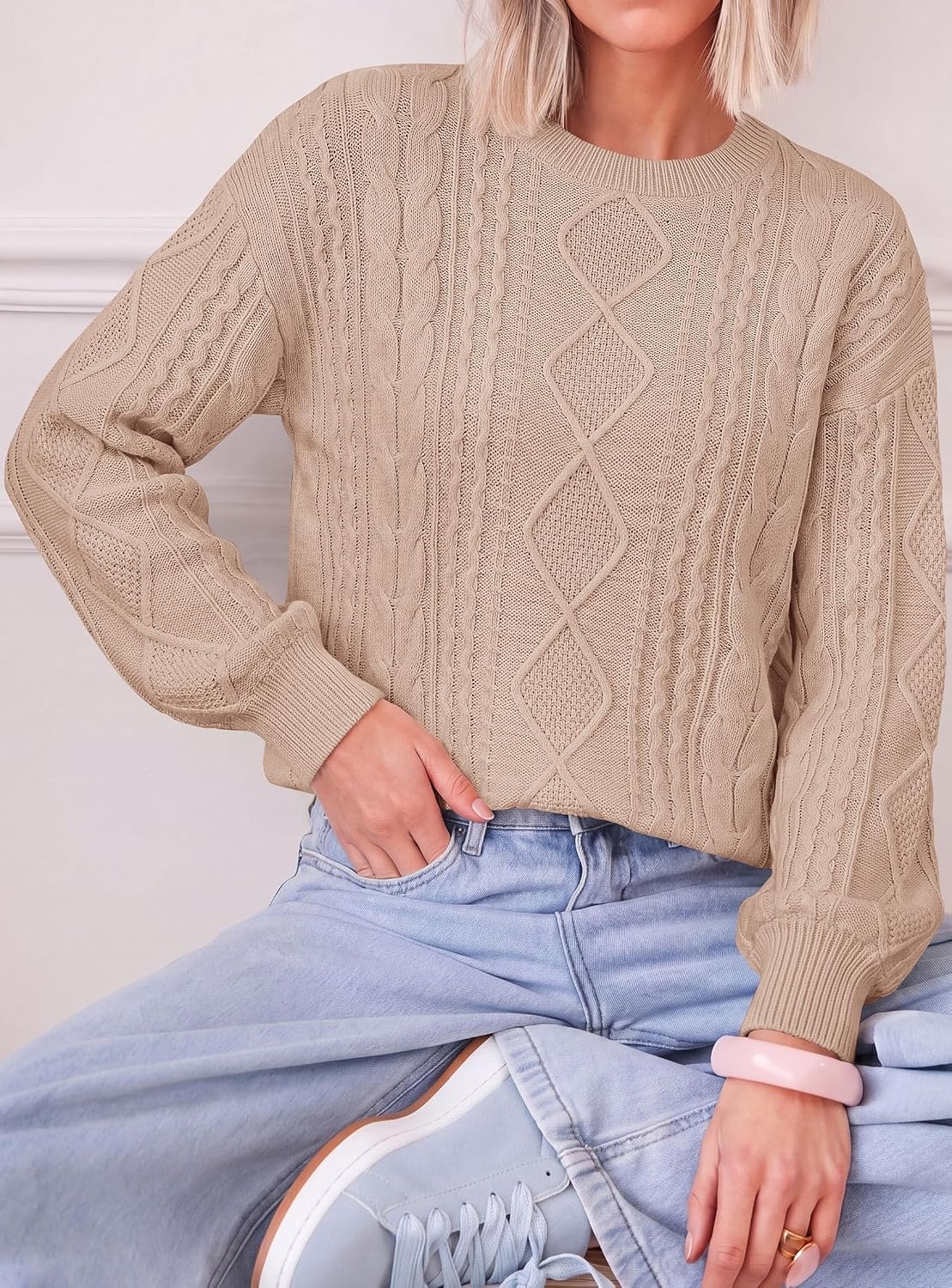 image:imagePRETTYGARDEN Womens Cable Knit Sweater Crewneck PulloverKhaki