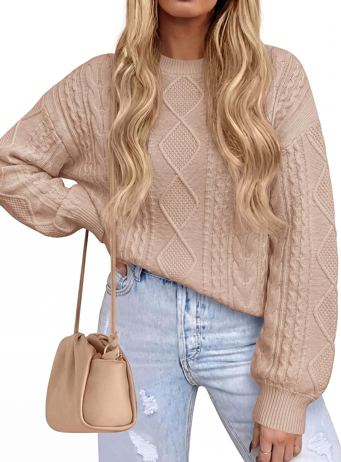 image:imagePRETTYGARDEN Womens Cable Knit Sweater Crewneck PulloverKhaki