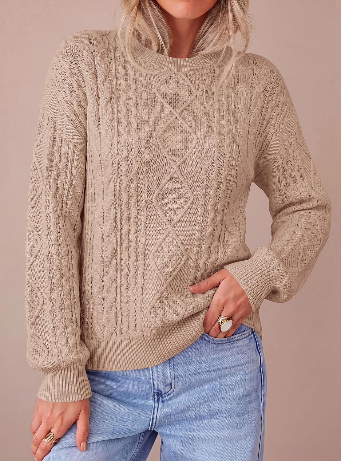 image:imagePRETTYGARDEN Womens Cable Knit Sweater Crewneck PulloverKhaki