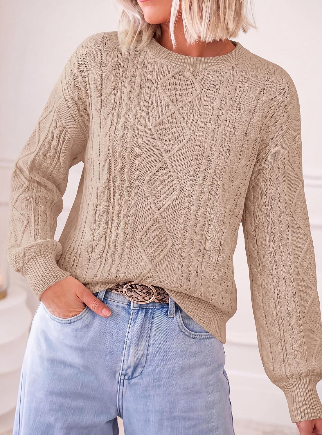 image:imagePRETTYGARDEN Womens Cable Knit Sweater Crewneck PulloverKhaki