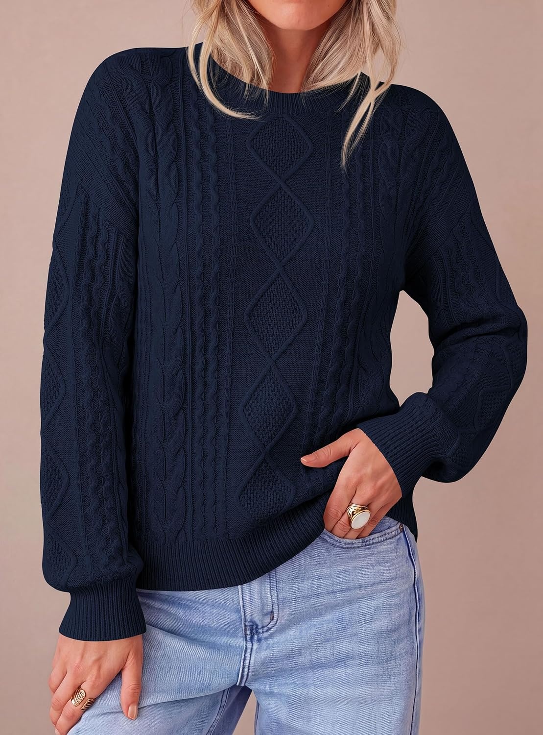 image:imagePRETTYGARDEN Womens Cable Knit Sweater Crewneck PulloverNavy