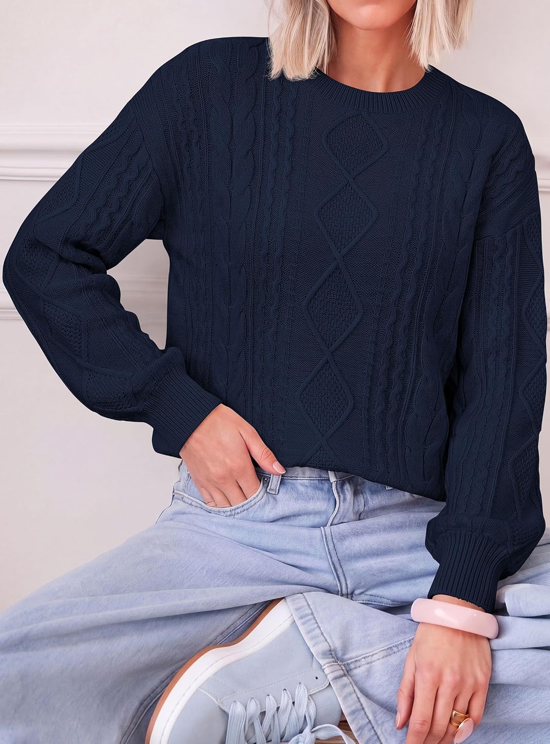 image:imagePRETTYGARDEN Womens Cable Knit Sweater Crewneck PulloverNavy