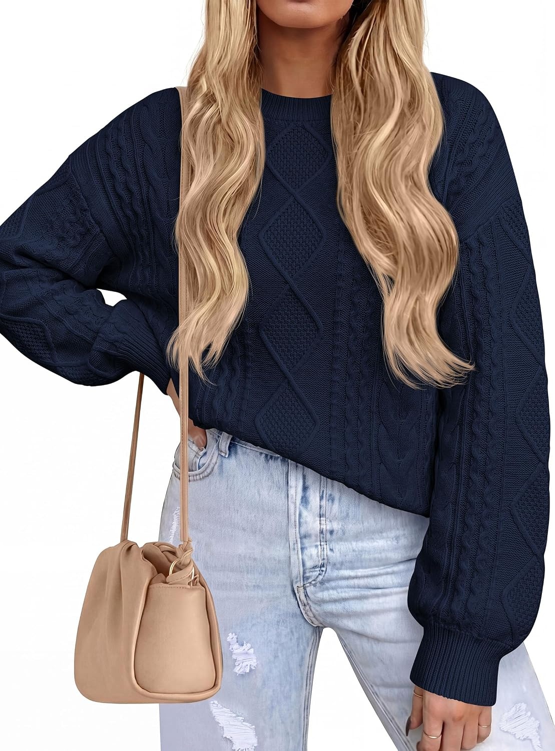 image:imagePRETTYGARDEN Womens Cable Knit Sweater Crewneck PulloverNavy