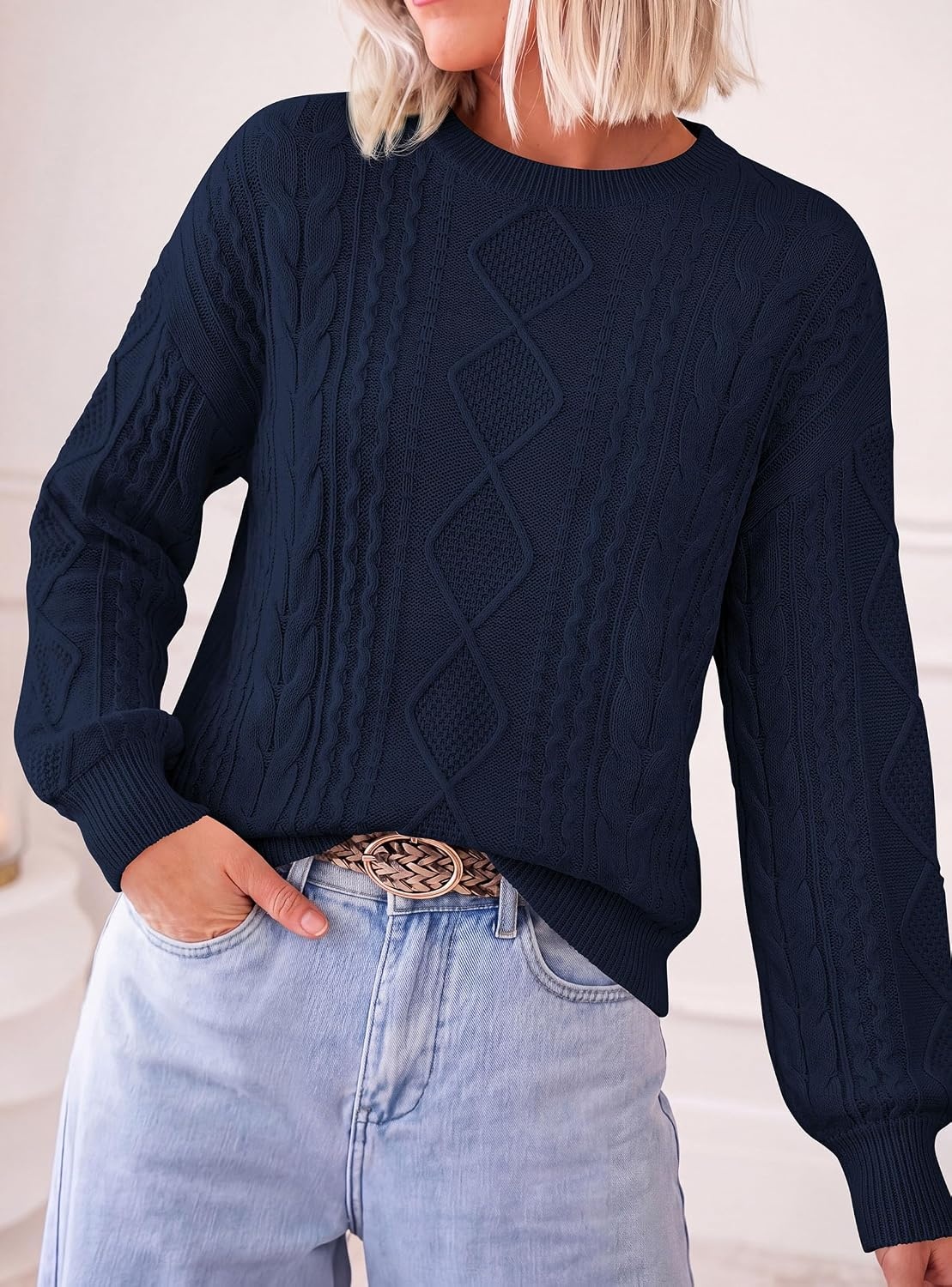image:imagePRETTYGARDEN Womens Cable Knit Sweater Crewneck PulloverNavy