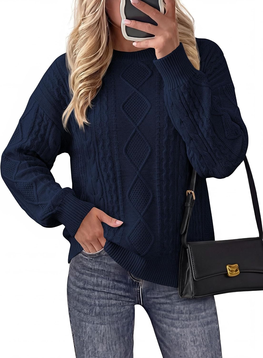 image:imagePRETTYGARDEN Womens Cable Knit Sweater Crewneck PulloverNavy