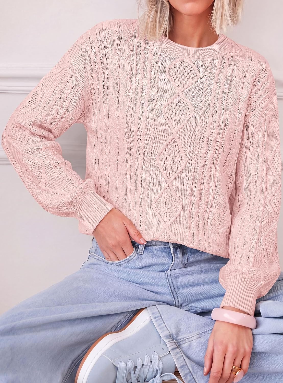 image:imagePRETTYGARDEN Womens Cable Knit Sweater Crewneck PulloverPink