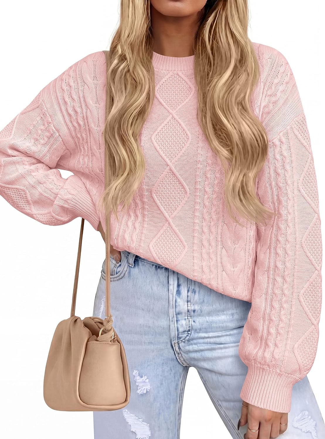 image:imagePRETTYGARDEN Womens Cable Knit Sweater Crewneck PulloverPink