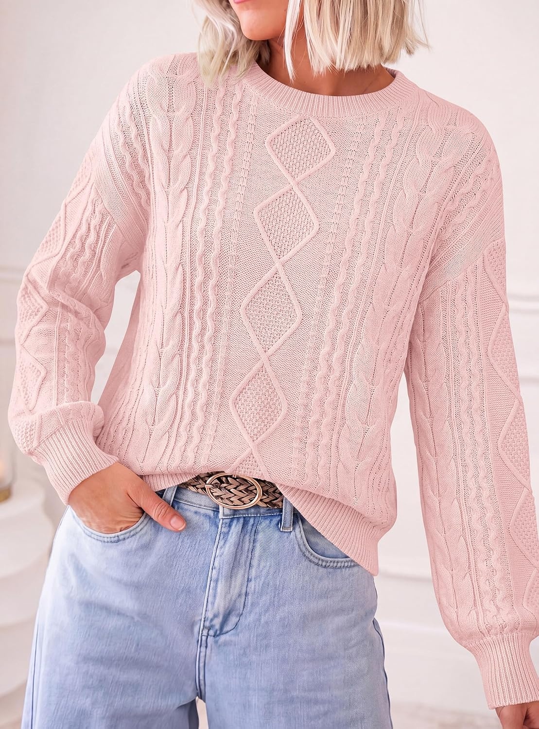 image:imagePRETTYGARDEN Womens Cable Knit Sweater Crewneck PulloverPink