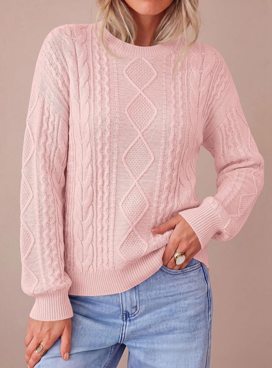 image:imagePRETTYGARDEN Womens Cable Knit Sweater Crewneck PulloverPink