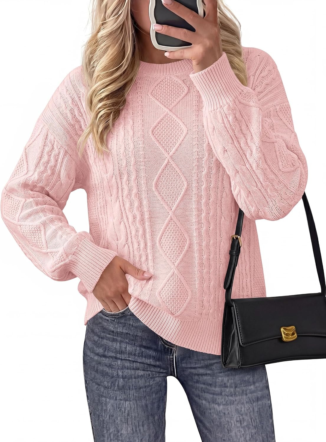 image:imagePRETTYGARDEN Womens Cable Knit Sweater Crewneck PulloverPink