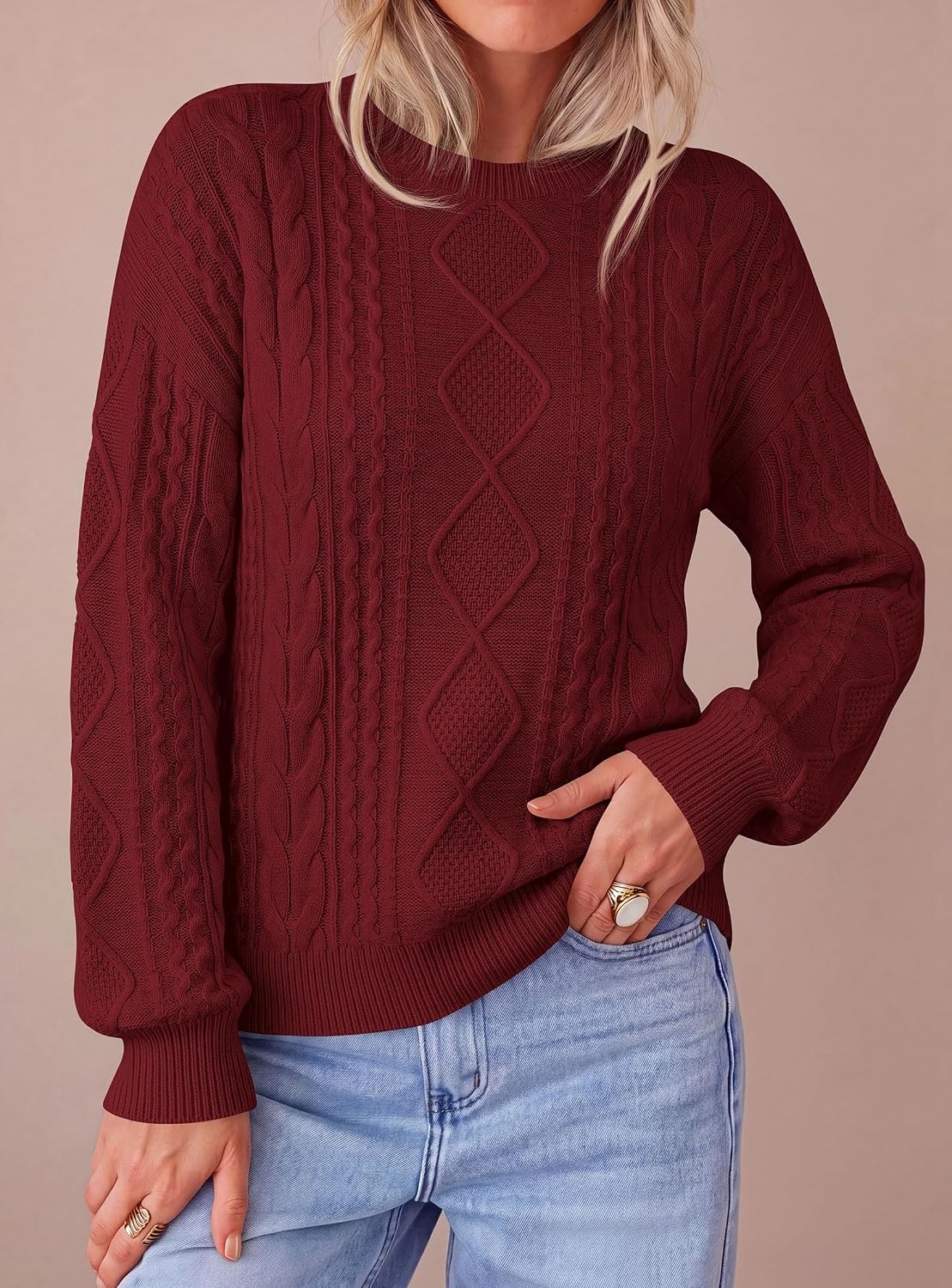 image:imagePRETTYGARDEN Womens Cable Knit Sweater Crewneck PulloverWine Red
