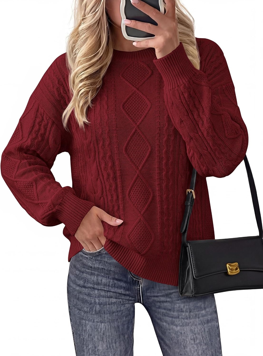 image:imagePRETTYGARDEN Womens Cable Knit Sweater Crewneck PulloverWine Red
