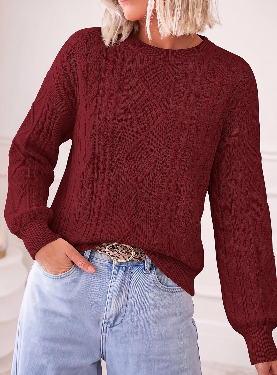 image:imagePRETTYGARDEN Womens Cable Knit Sweater Crewneck PulloverWine Red