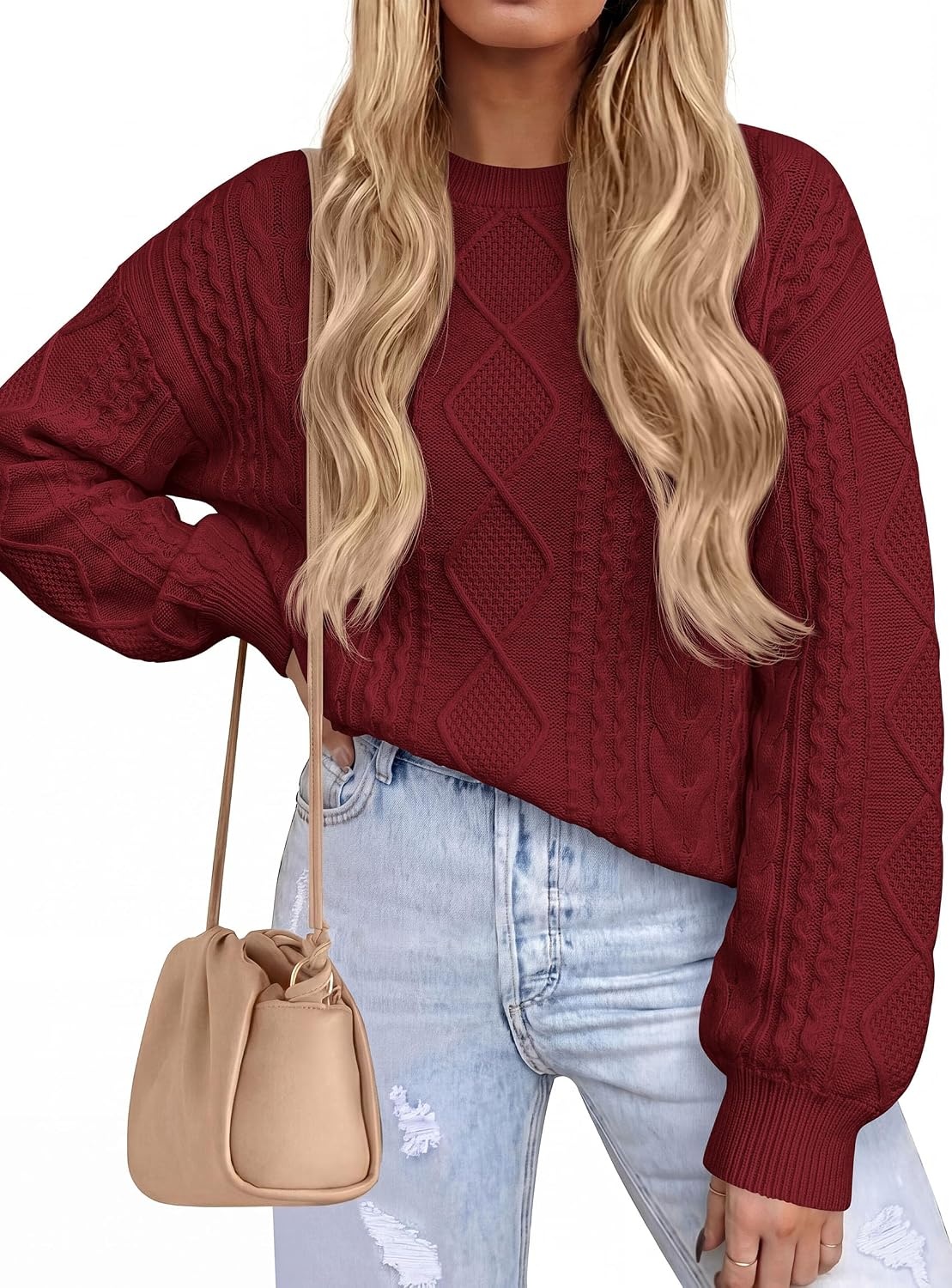 image:imagePRETTYGARDEN Womens Cable Knit Sweater Crewneck PulloverWine Red