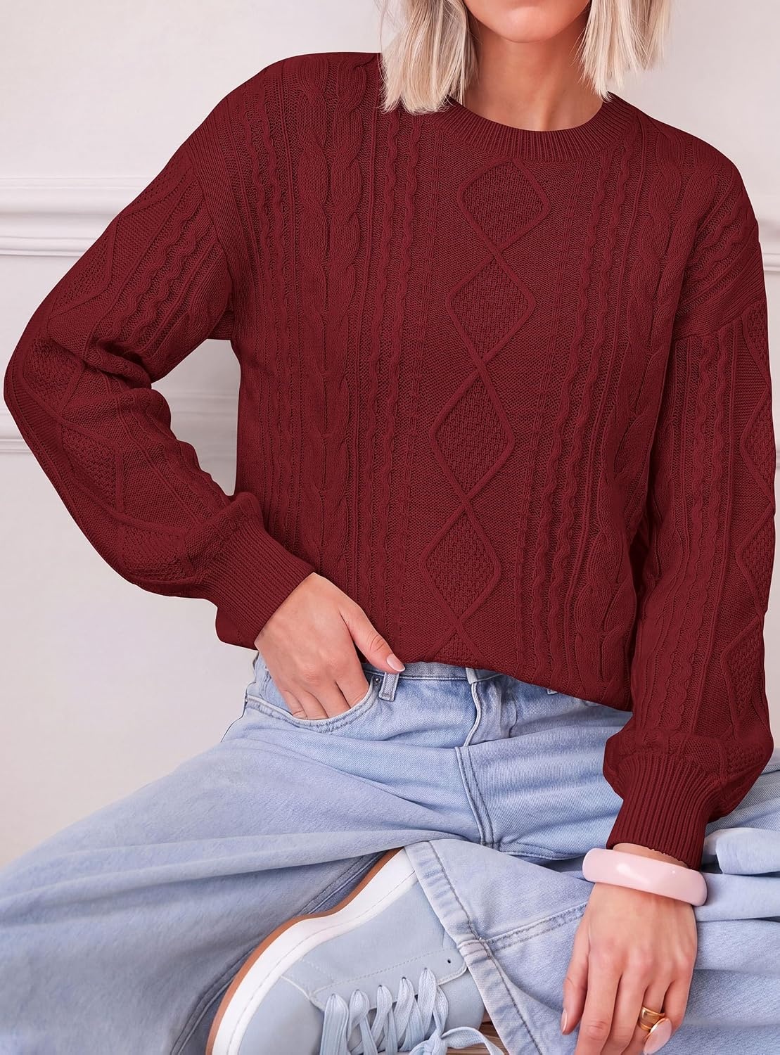 image:imagePRETTYGARDEN Womens Cable Knit Sweater Crewneck PulloverWine Red
