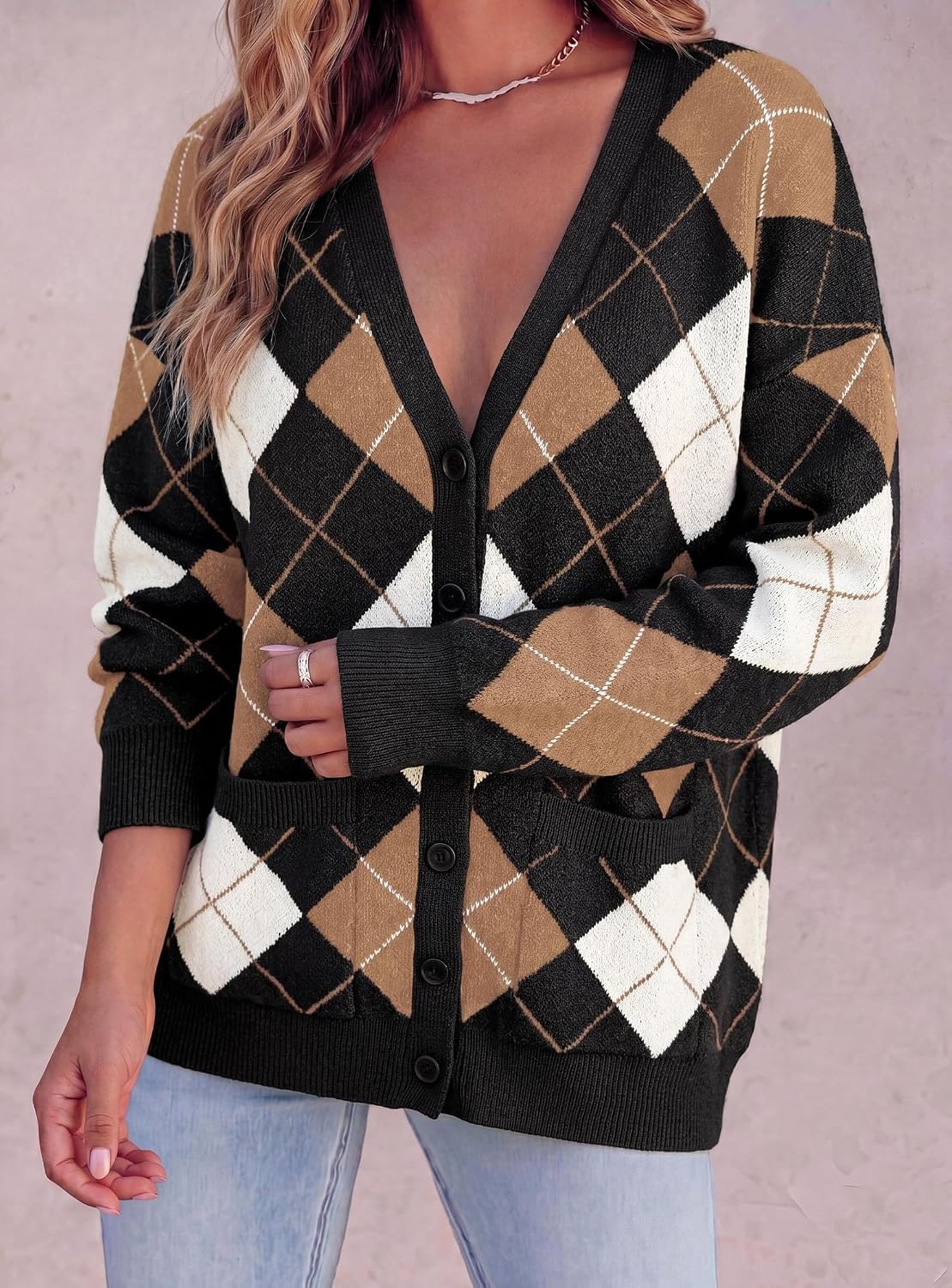 image:imagePRETTYGARDEN Womens Cardigan Argyle Winter SweatersPlaid Black