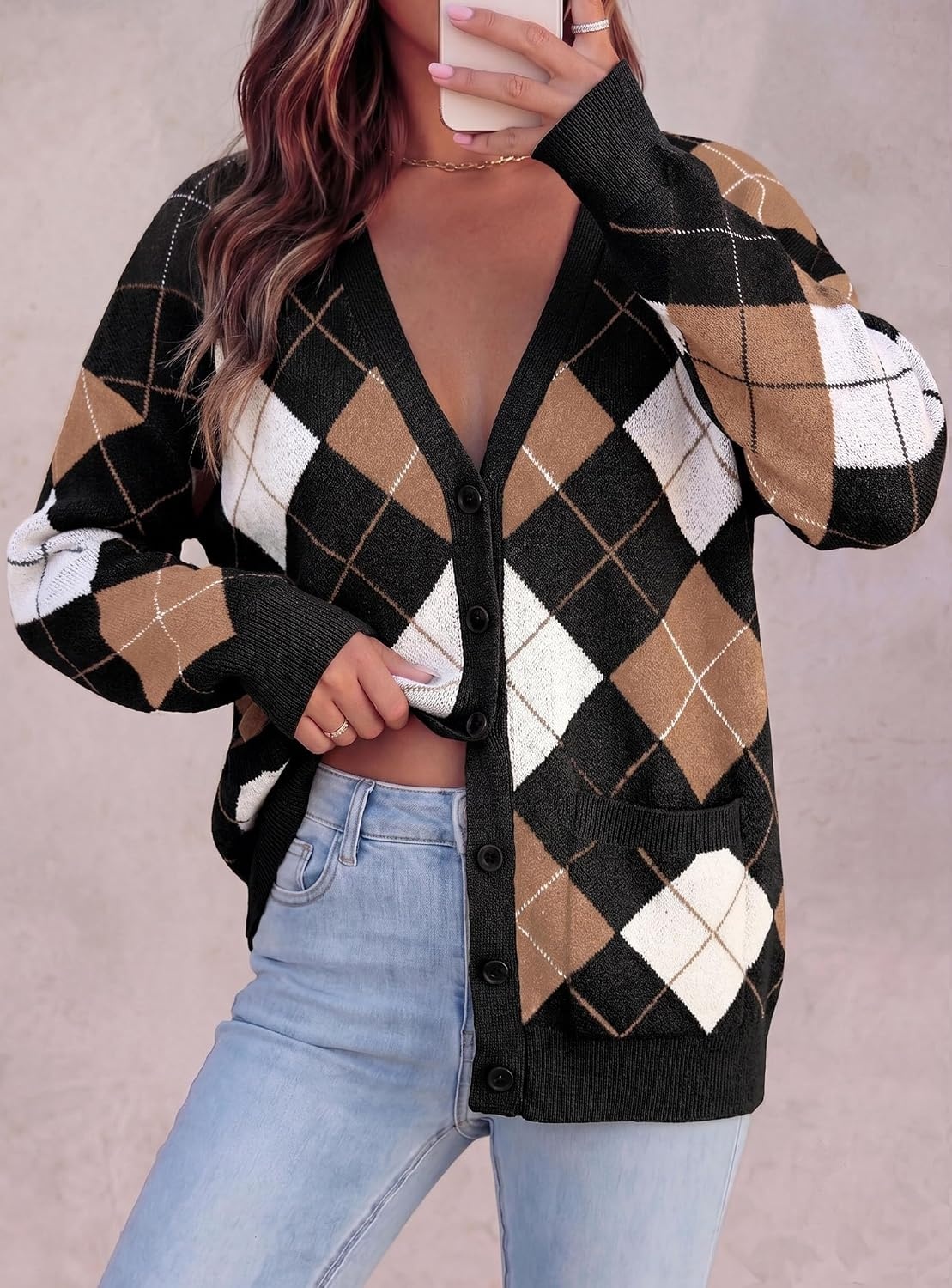 image:imagePRETTYGARDEN Womens Cardigan Argyle Winter SweatersPlaid Black