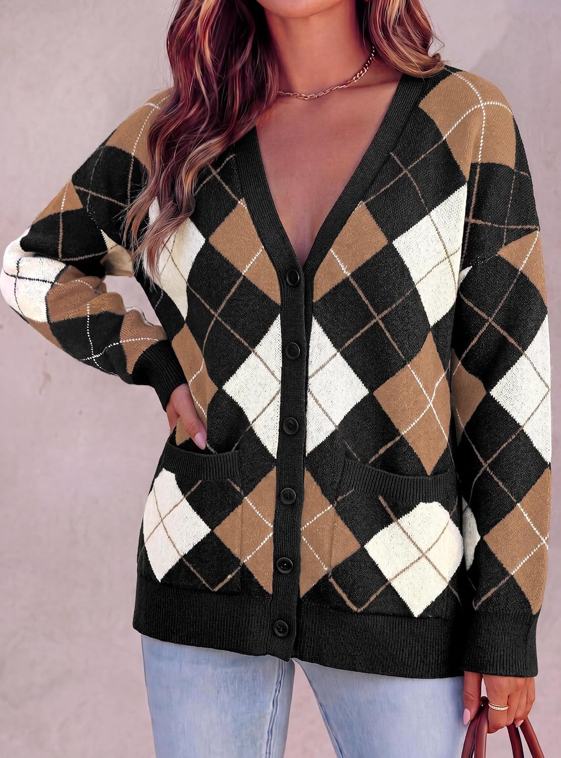 image:imagePRETTYGARDEN Womens Cardigan Argyle Winter SweatersPlaid Black