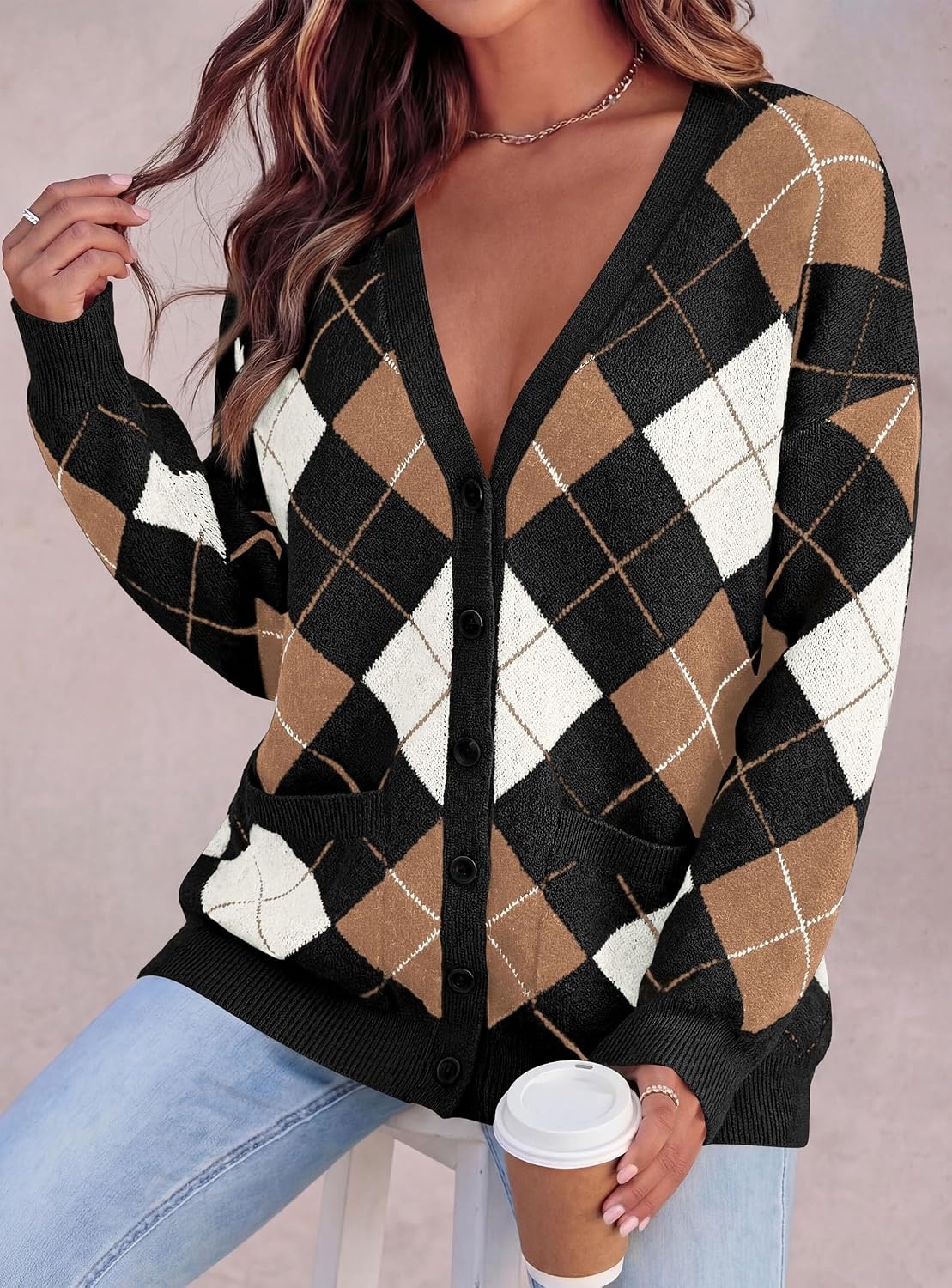 image:imagePRETTYGARDEN Womens Cardigan Argyle Winter SweatersPlaid Black