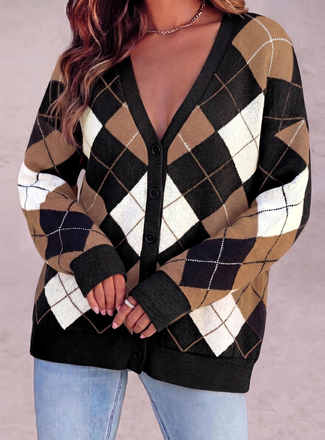 image:imagePRETTYGARDEN Womens Cardigan Argyle Winter SweatersPlaid Black