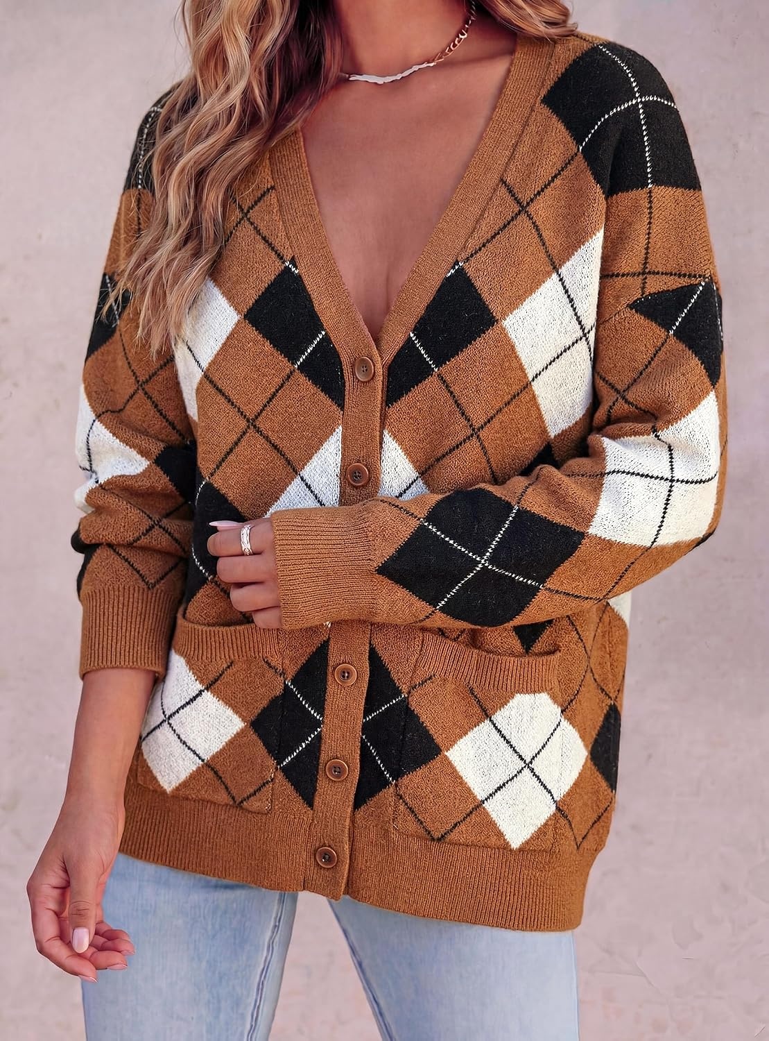image:imagePRETTYGARDEN Womens Cardigan Argyle Winter SweatersPlaid Brown