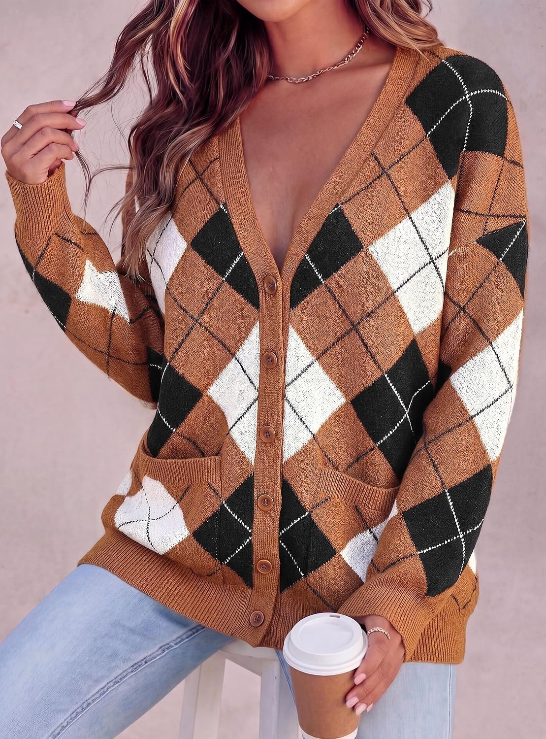 image:imagePRETTYGARDEN Womens Cardigan Argyle Winter SweatersPlaid Brown