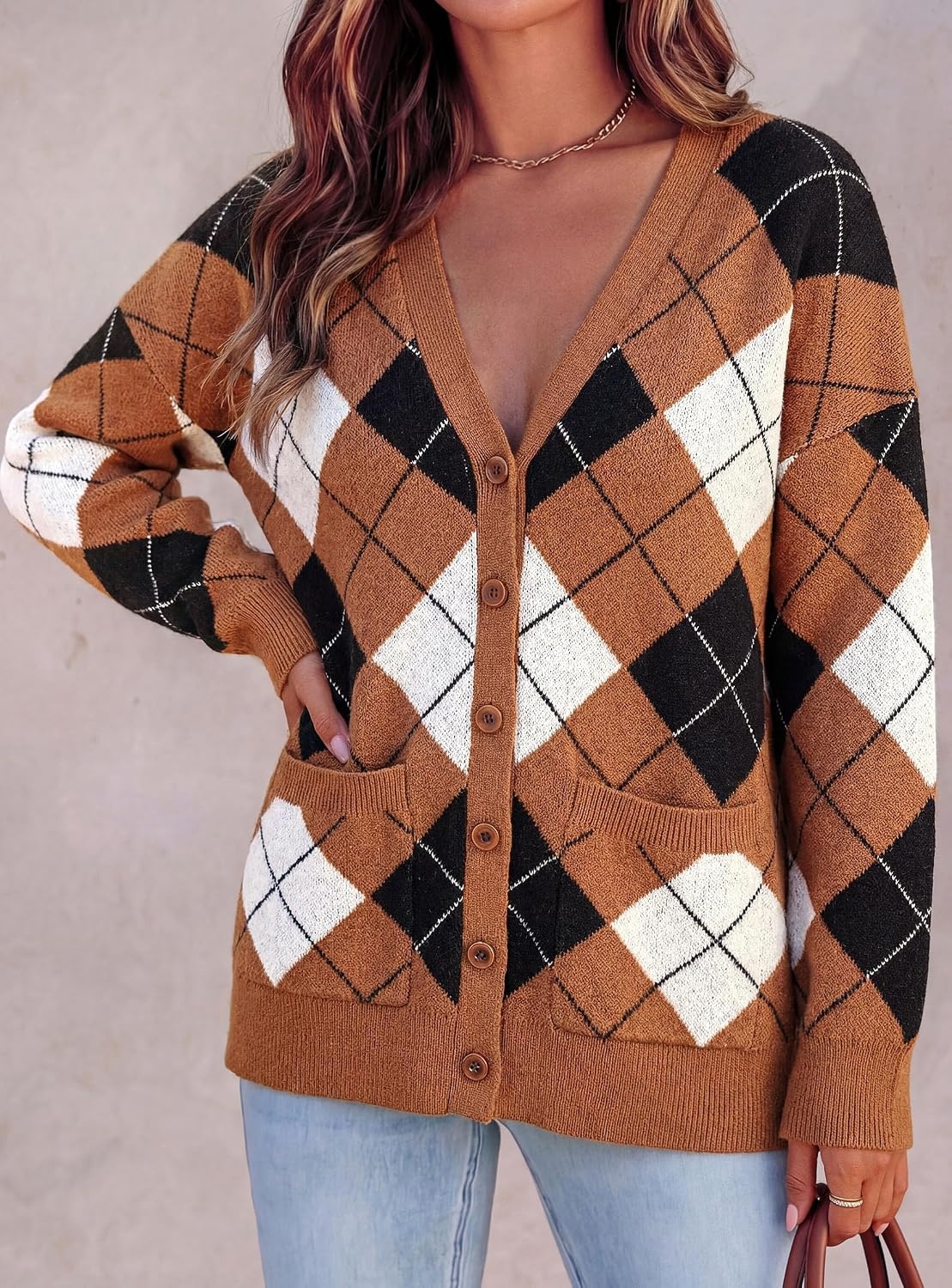 image:imagePRETTYGARDEN Womens Cardigan Argyle Winter SweatersPlaid Brown