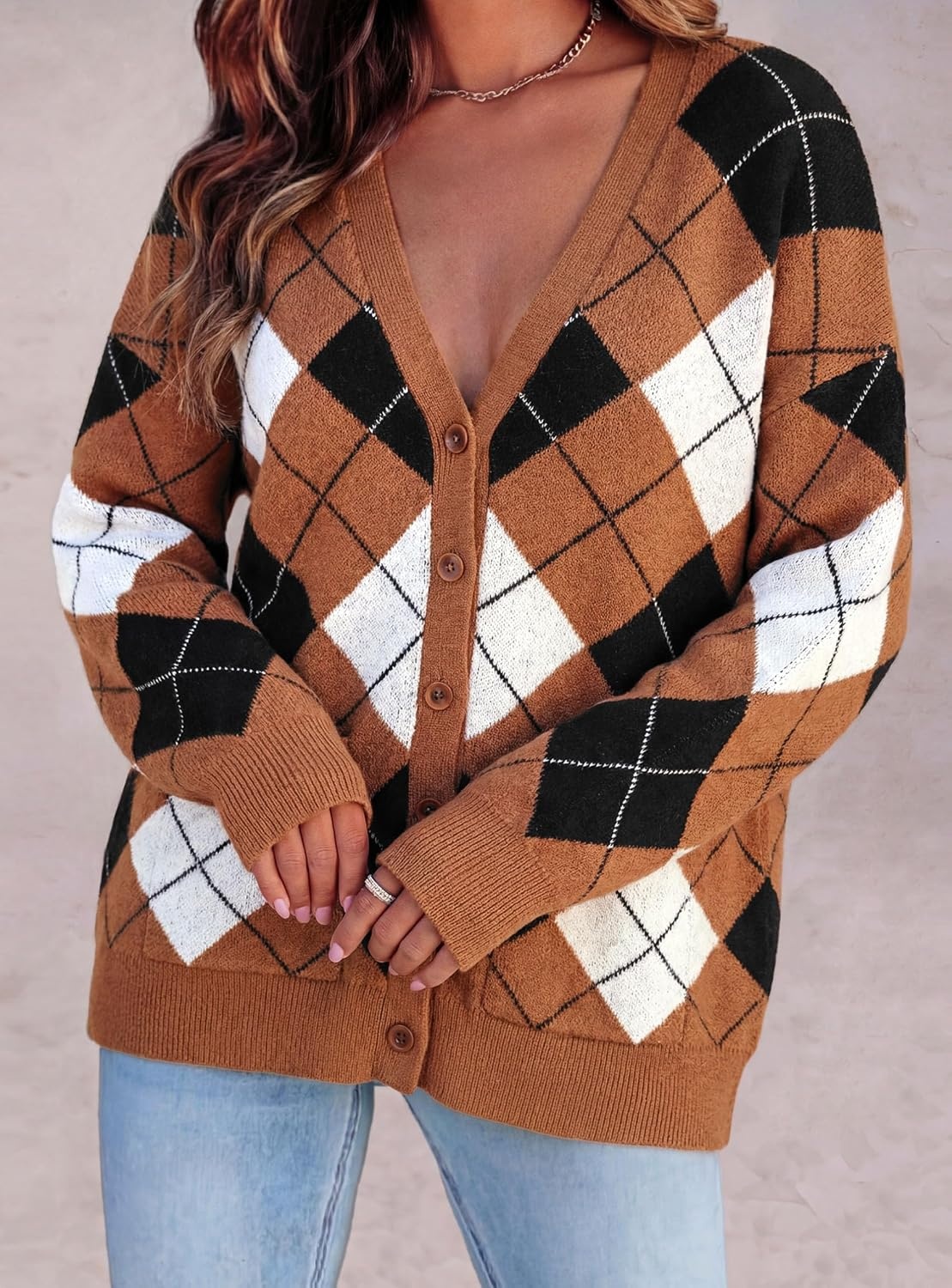 image:imagePRETTYGARDEN Womens Cardigan Argyle Winter SweatersPlaid Brown