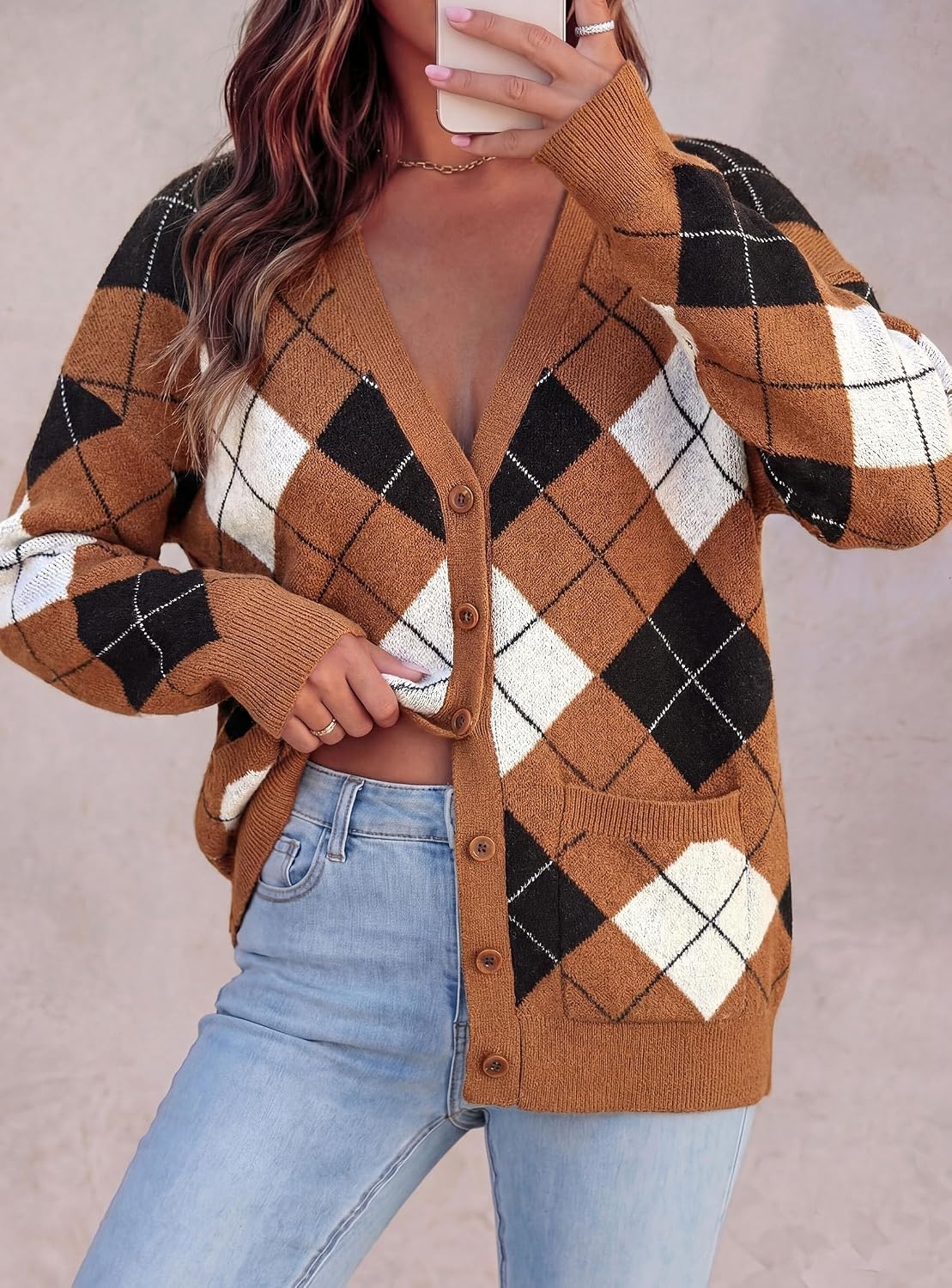 image:imagePRETTYGARDEN Womens Cardigan Argyle Winter SweatersPlaid Brown