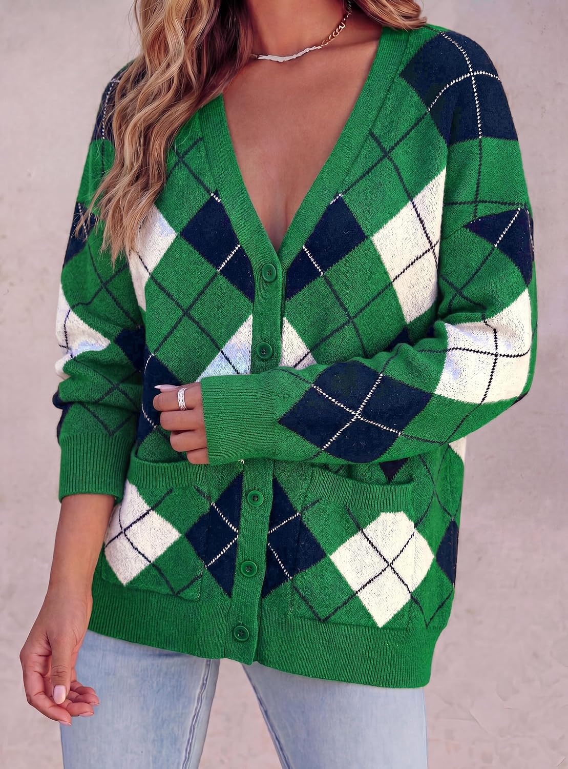 image:imagePRETTYGARDEN Womens Cardigan Argyle Winter SweatersPlaid Green