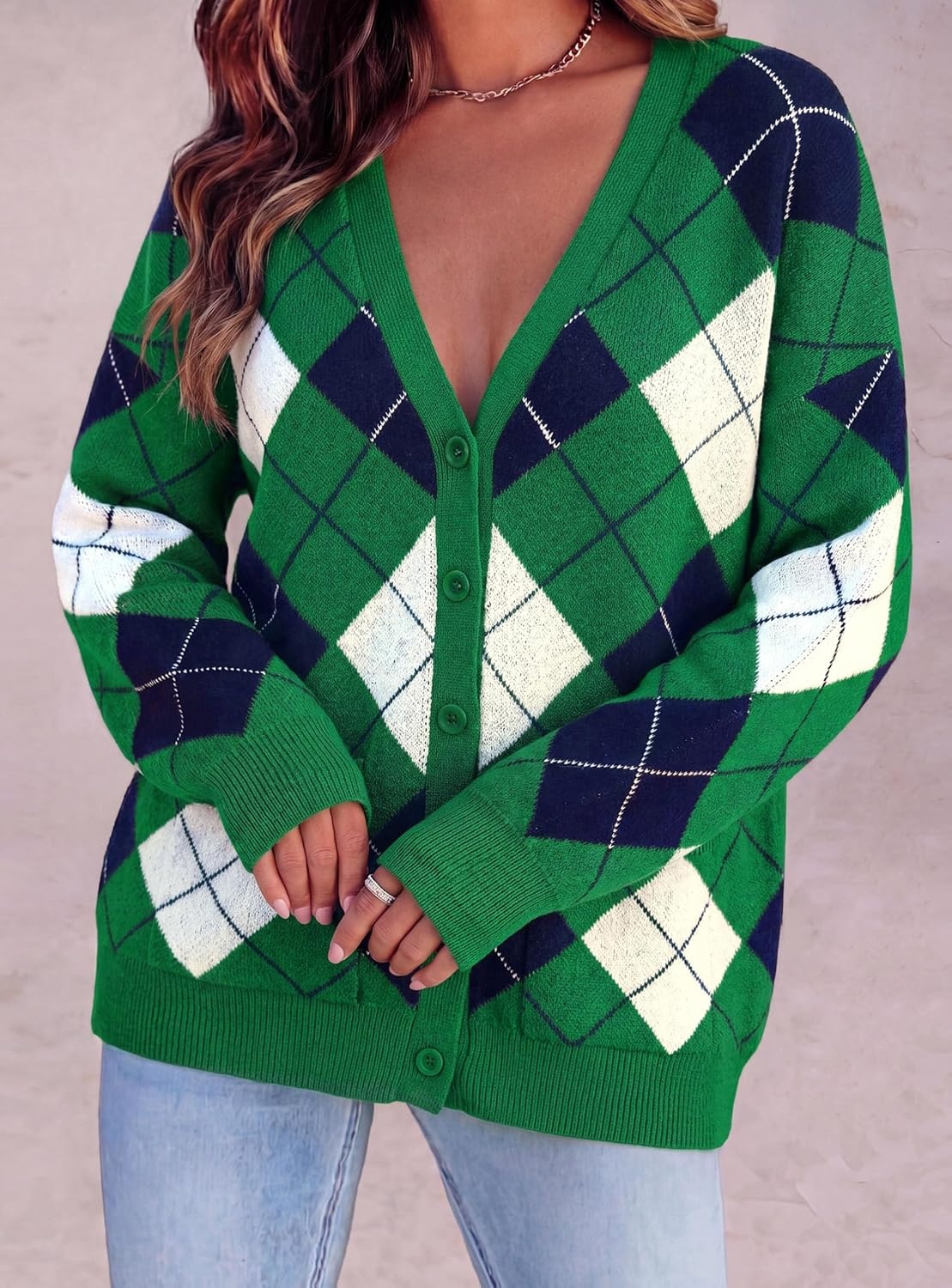 image:imagePRETTYGARDEN Womens Cardigan Argyle Winter SweatersPlaid Green