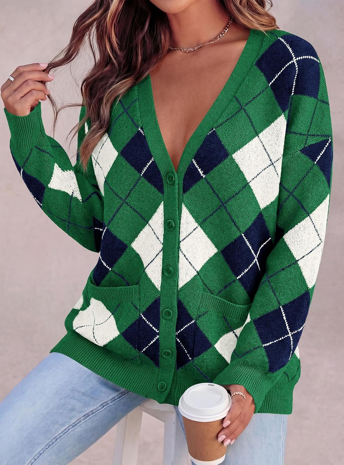 image:imagePRETTYGARDEN Womens Cardigan Argyle Winter SweatersPlaid Green