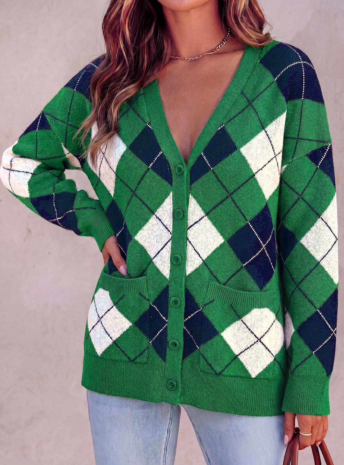 image:imagePRETTYGARDEN Womens Cardigan Argyle Winter SweatersPlaid Green
