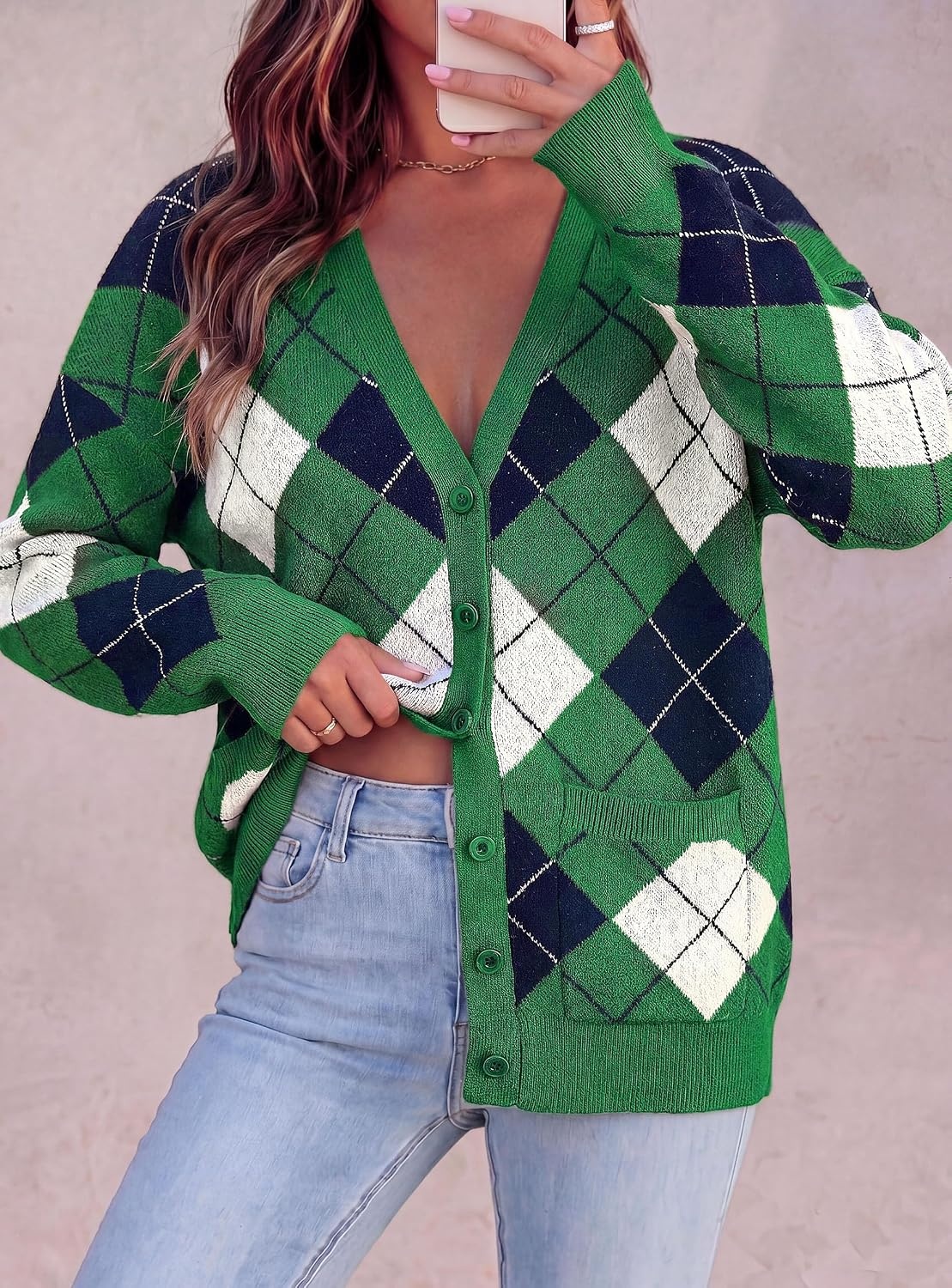 image:imagePRETTYGARDEN Womens Cardigan Argyle Winter SweatersPlaid Green