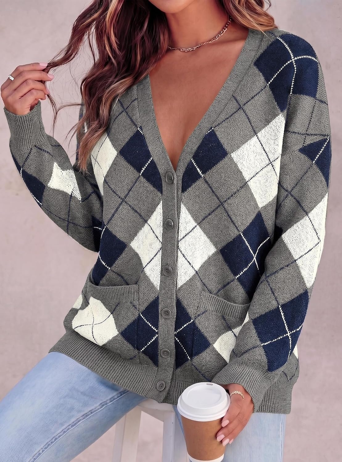 image:imagePRETTYGARDEN Womens Cardigan Argyle Winter SweatersPlaid Grey