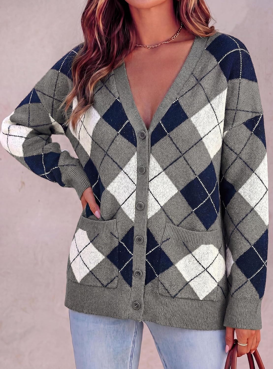 image:imagePRETTYGARDEN Womens Cardigan Argyle Winter SweatersPlaid Grey