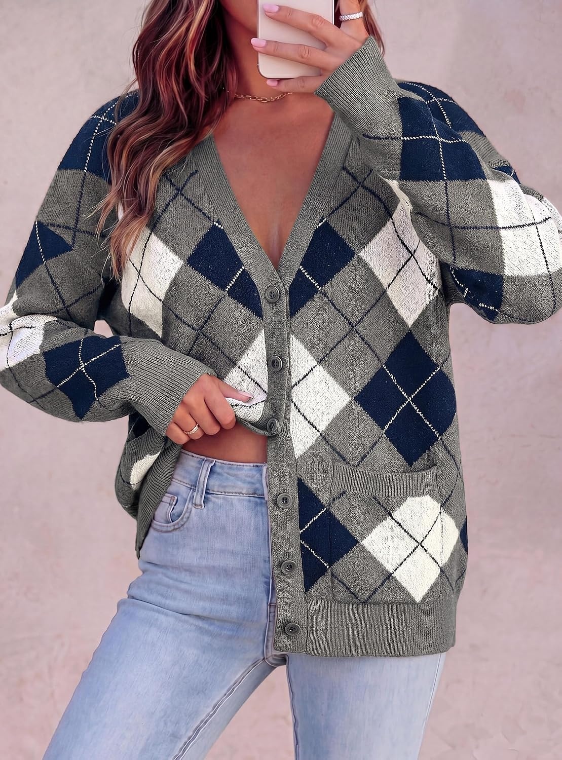 image:imagePRETTYGARDEN Womens Cardigan Argyle Winter SweatersPlaid Grey