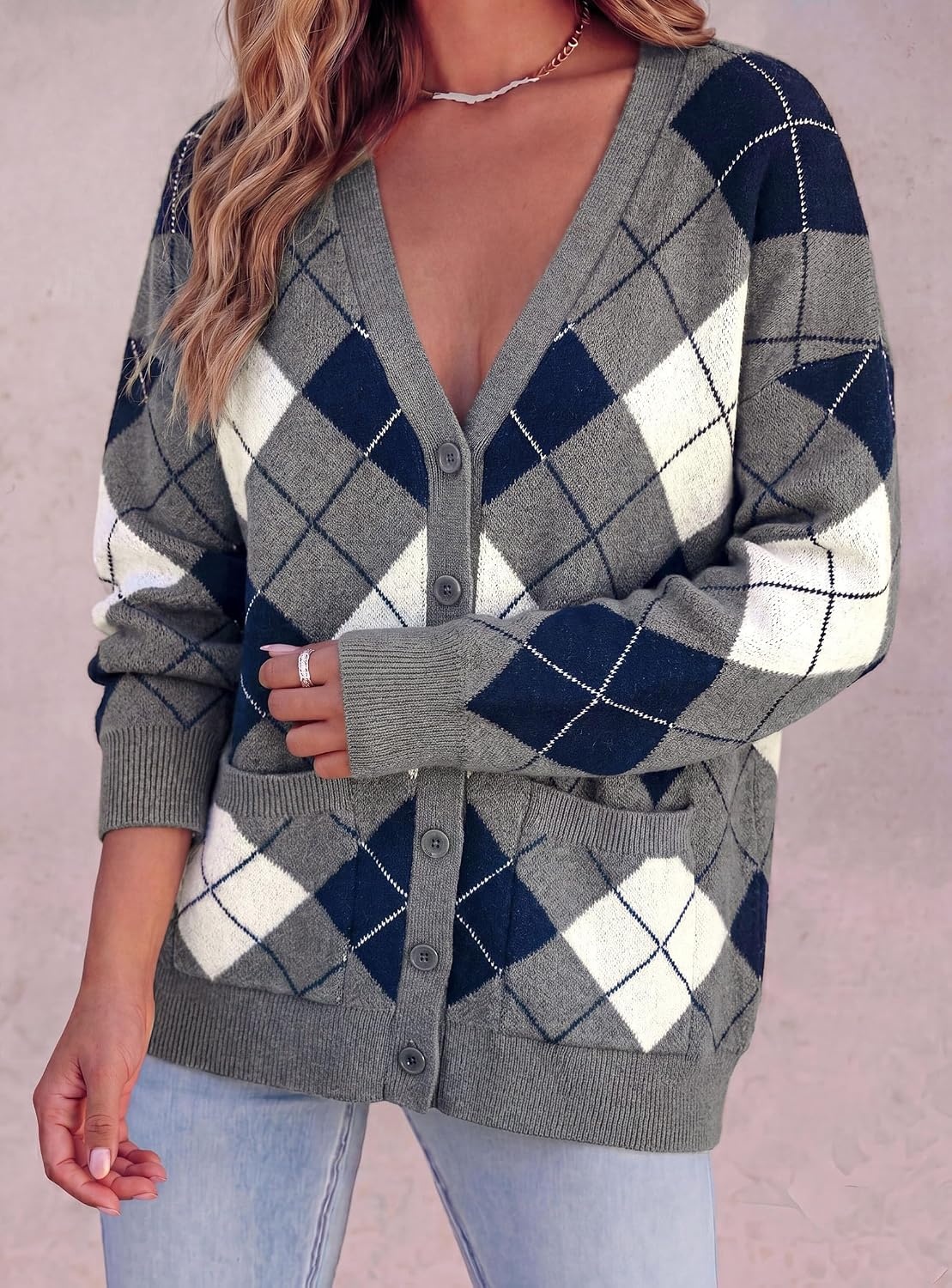 image:imagePRETTYGARDEN Womens Cardigan Argyle Winter SweatersPlaid Grey