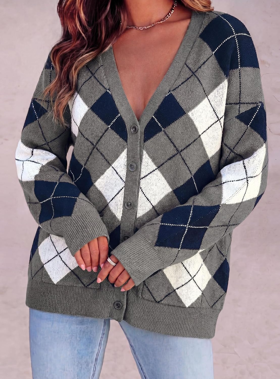 image:imagePRETTYGARDEN Womens Cardigan Argyle Winter SweatersPlaid Grey