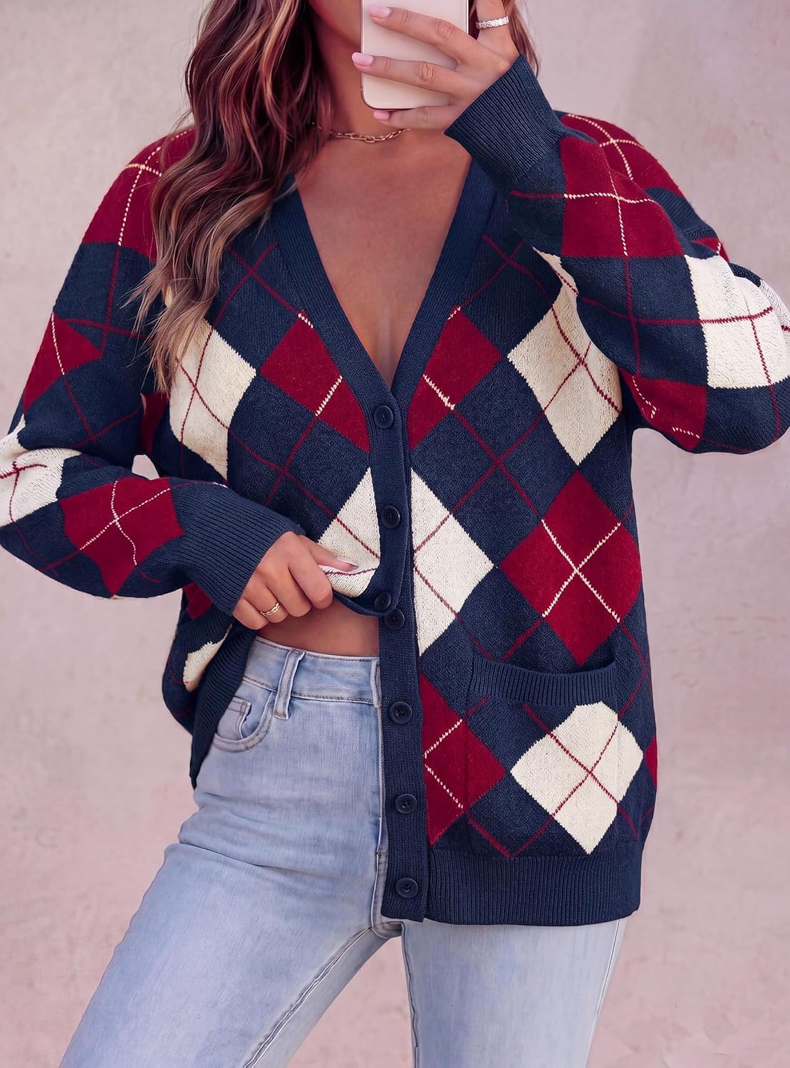 image:imagePRETTYGARDEN Womens Cardigan Argyle Winter SweatersPlaid Navy Blue
