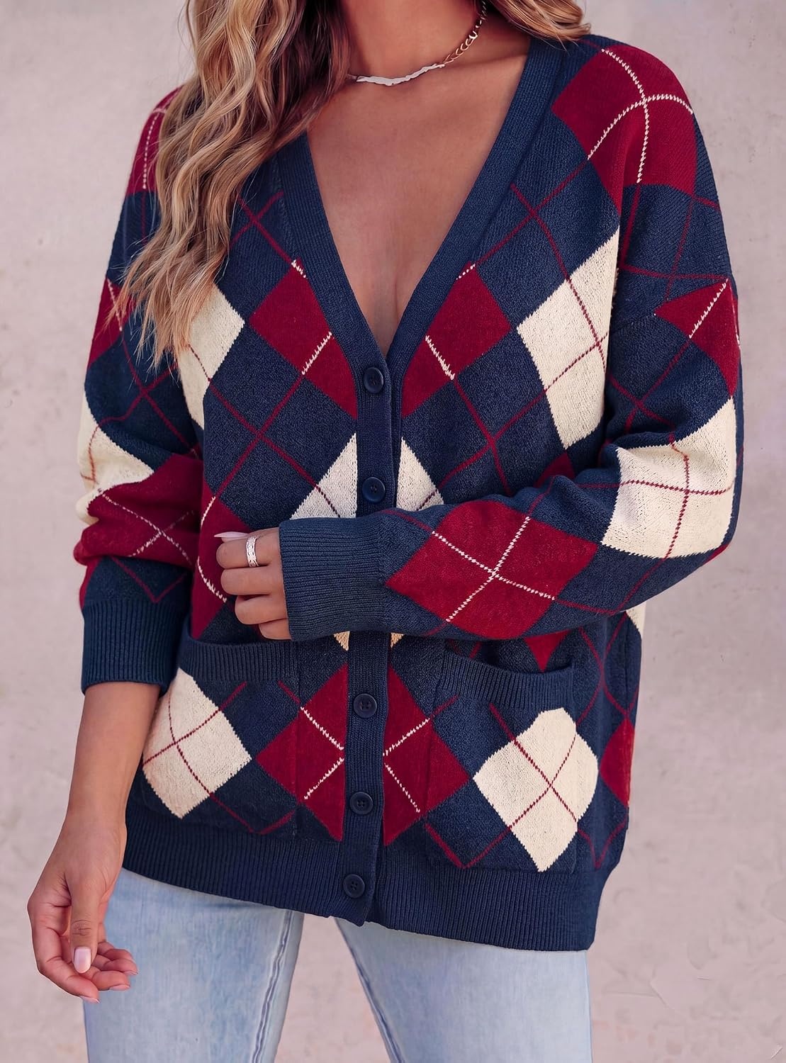 image:imagePRETTYGARDEN Womens Cardigan Argyle Winter SweatersPlaid Navy Blue