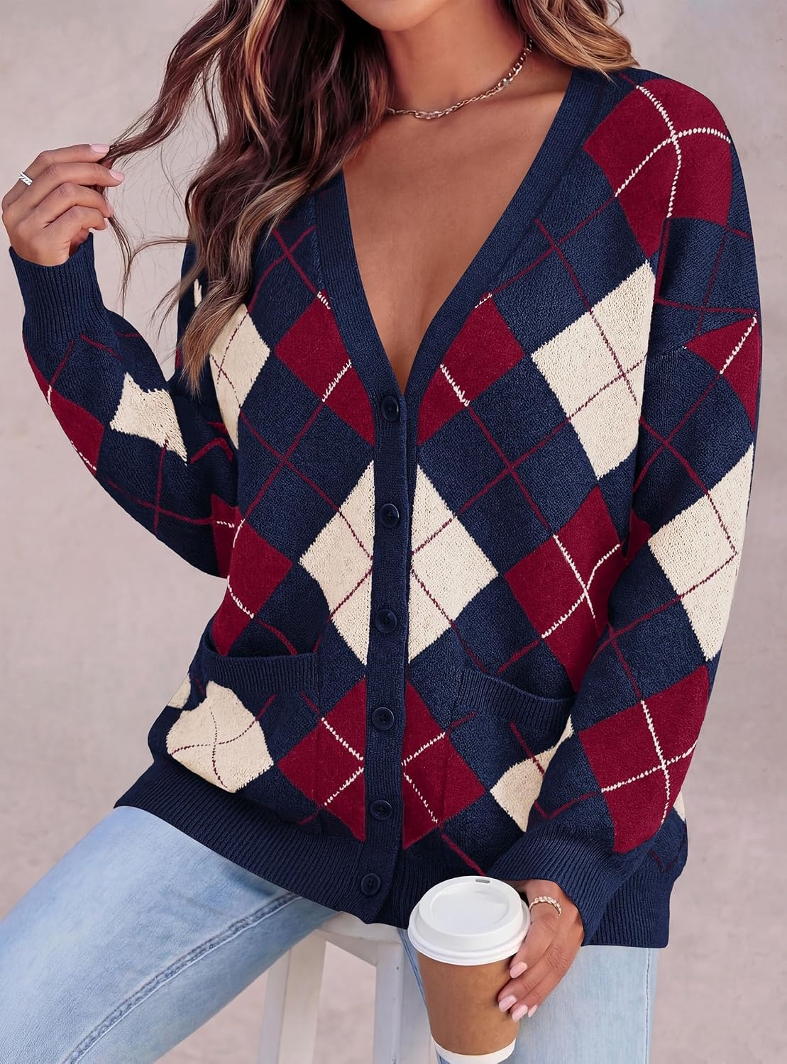image:imagePRETTYGARDEN Womens Cardigan Argyle Winter SweatersPlaid Navy Blue