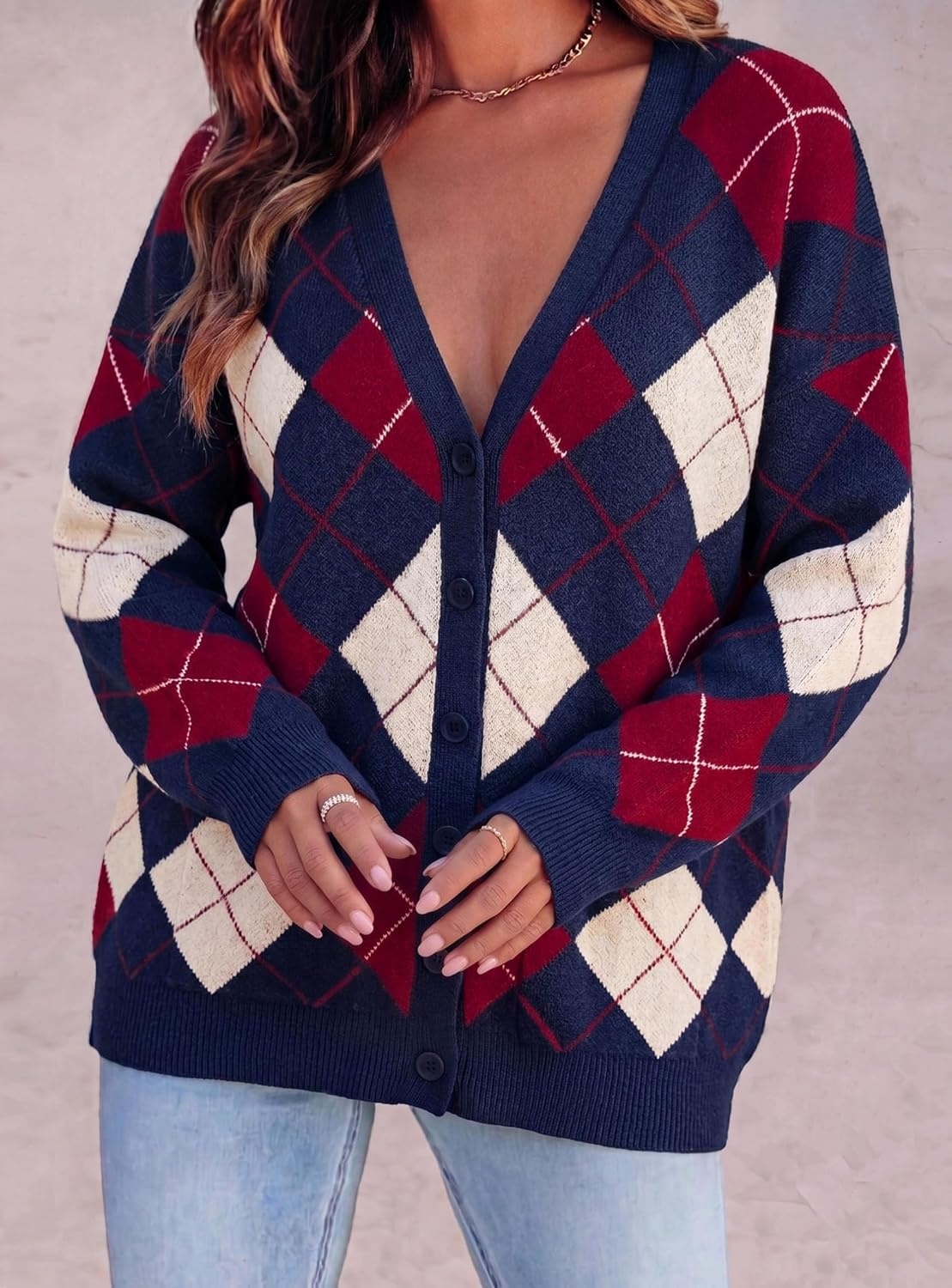 image:imagePRETTYGARDEN Womens Cardigan Argyle Winter SweatersPlaid Navy Blue