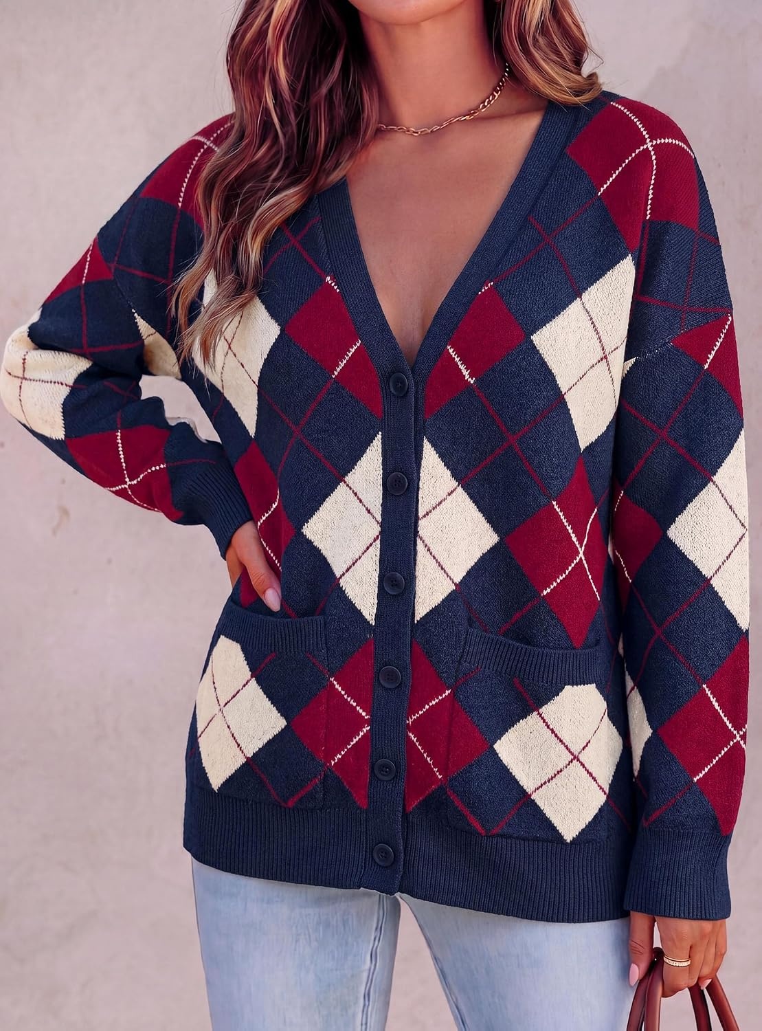 image:imagePRETTYGARDEN Womens Cardigan Argyle Winter SweatersPlaid Navy Blue