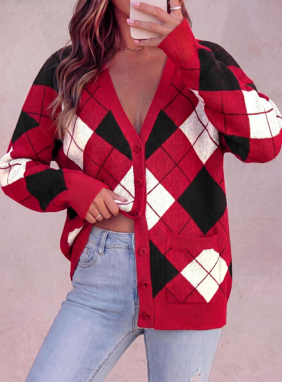 image:imagePRETTYGARDEN Womens Cardigan Argyle Winter SweatersPlaid Red