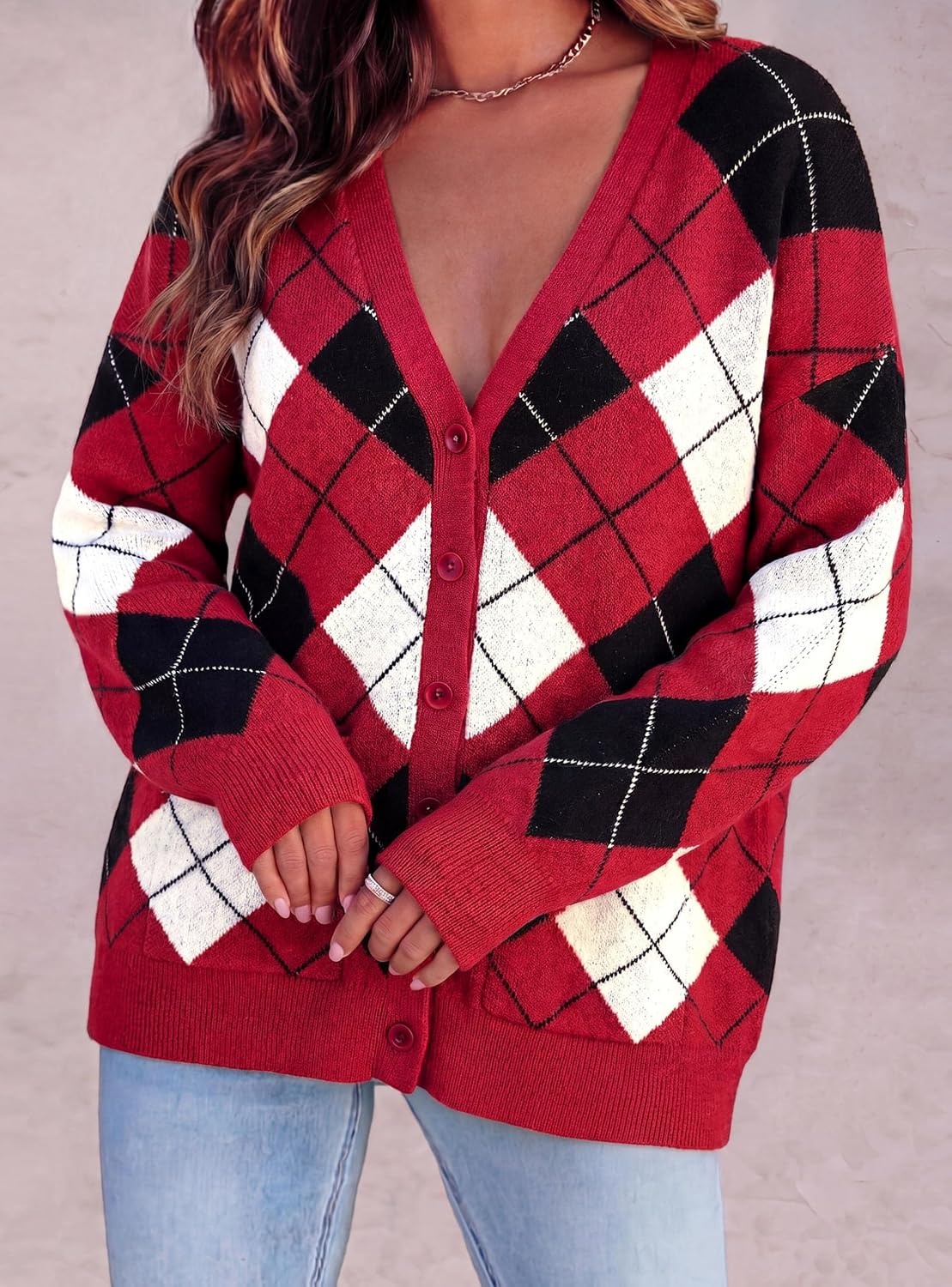 image:imagePRETTYGARDEN Womens Cardigan Argyle Winter SweatersPlaid Red