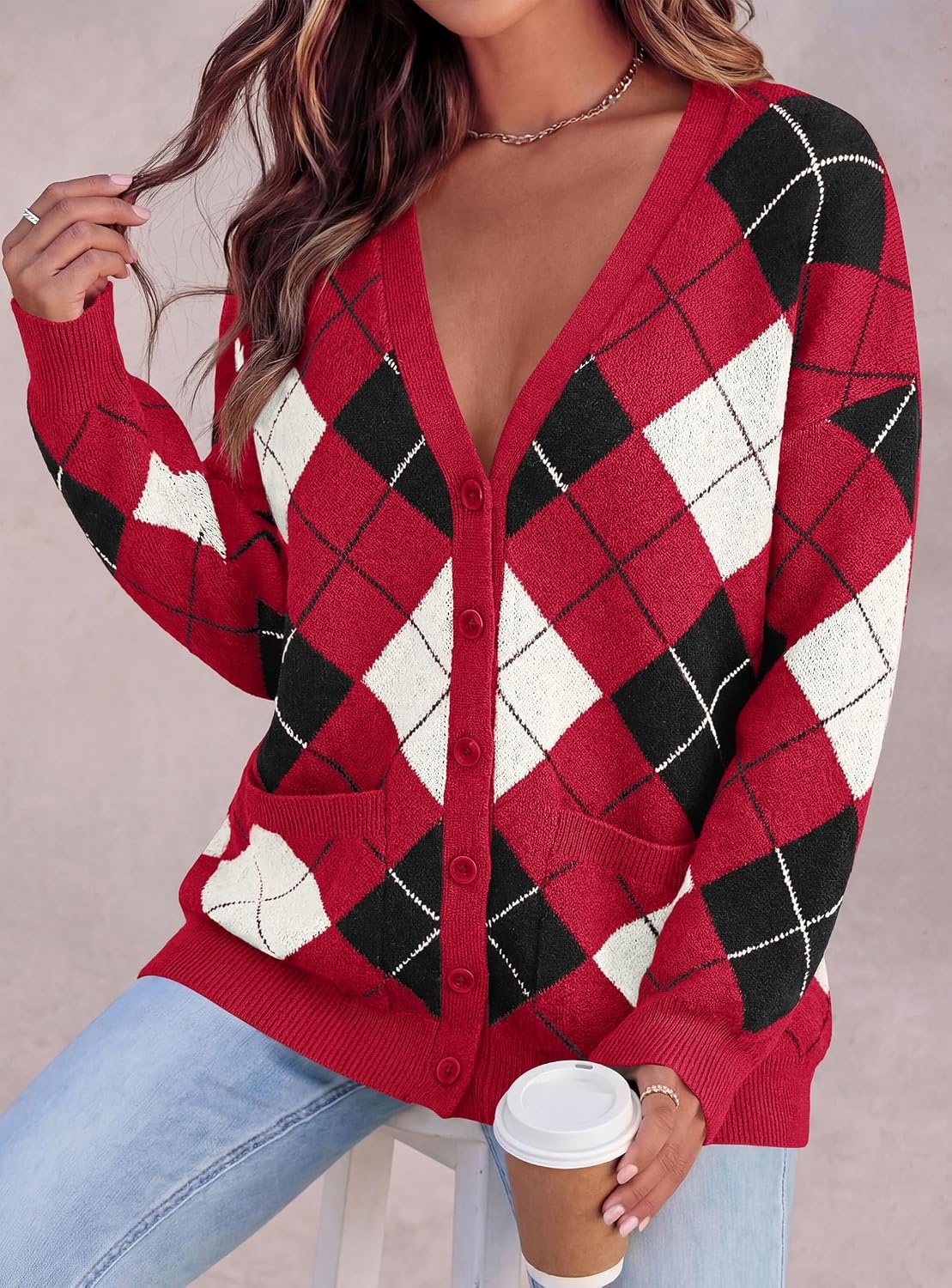 image:imagePRETTYGARDEN Womens Cardigan Argyle Winter SweatersPlaid Red