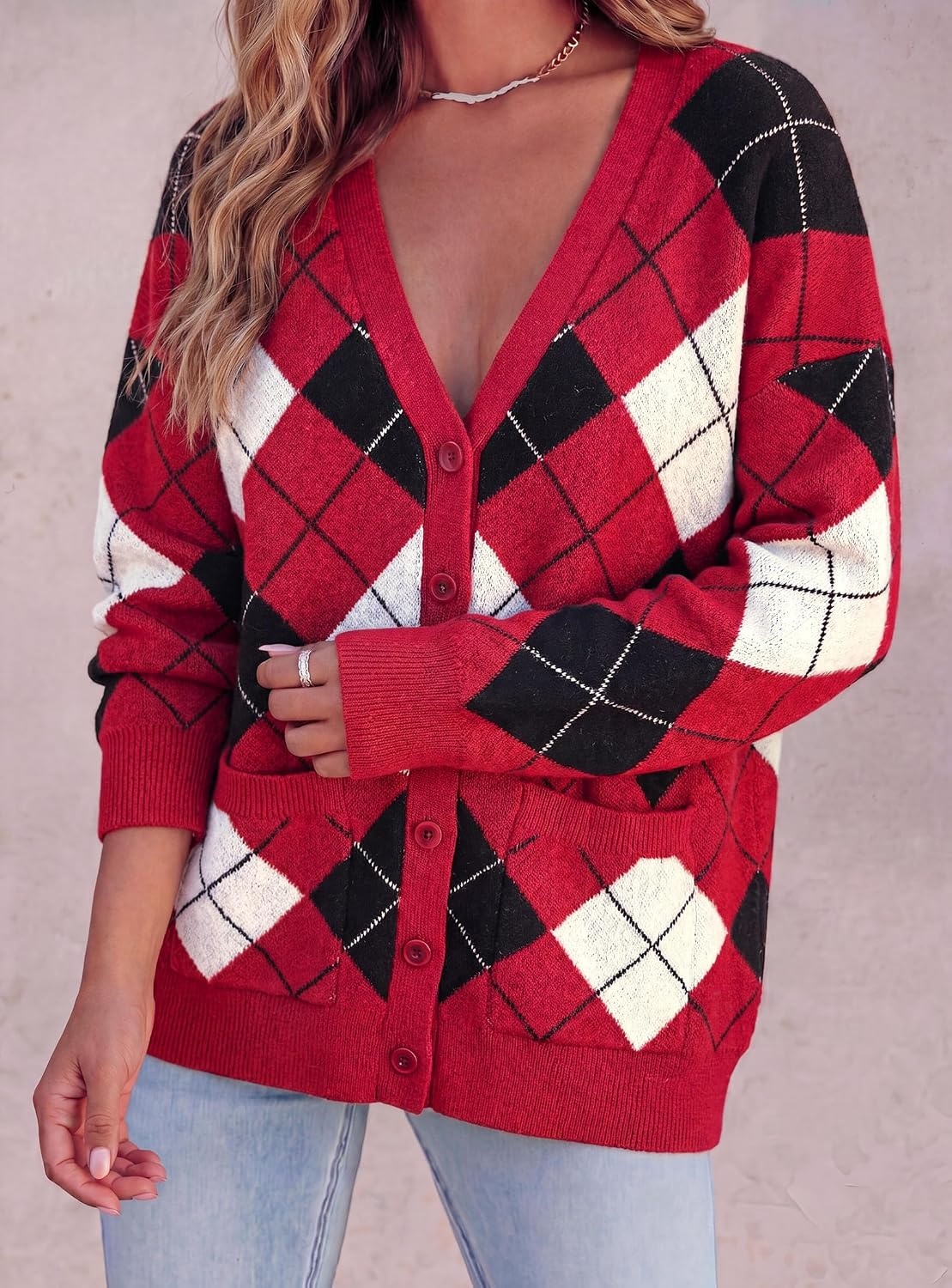 image:imagePRETTYGARDEN Womens Cardigan Argyle Winter SweatersPlaid Red